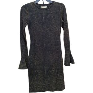 MICHAEL KORS FLOUNCE  STRETCH KNIT METALLIC BLACK BELL SLEEVE COCKTAIL